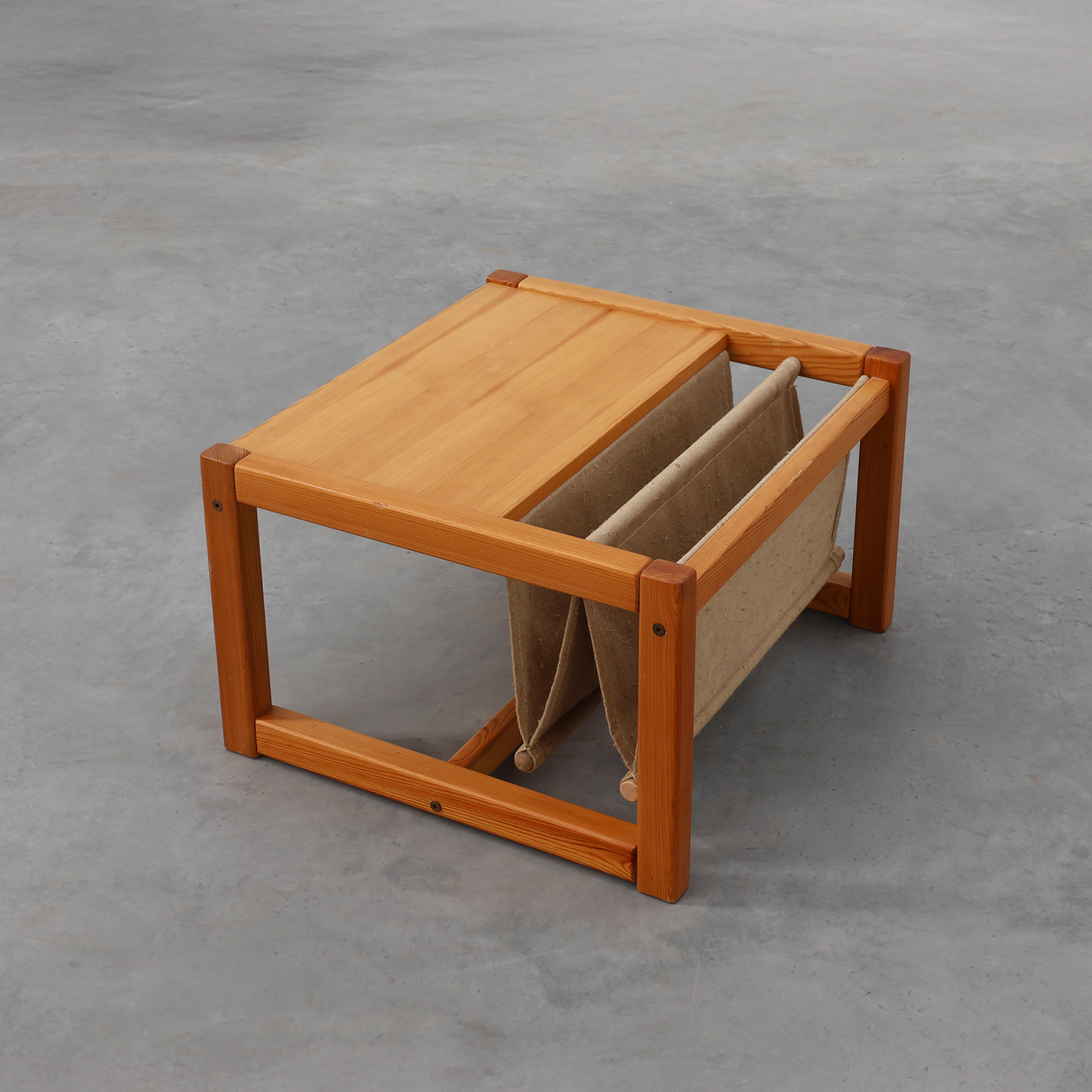 Pine and linen coffee table with magazine rack by Karin Möbring, Sweden 1970s-img